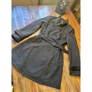 White House Black Market Black Trench Coat Ruffle Belted Size Small WHBM